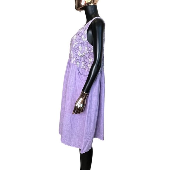 100% Lino Made in Italy Lilac Linen Midi Dress w/ Lace Top & Pockets - Picture 7 of 10